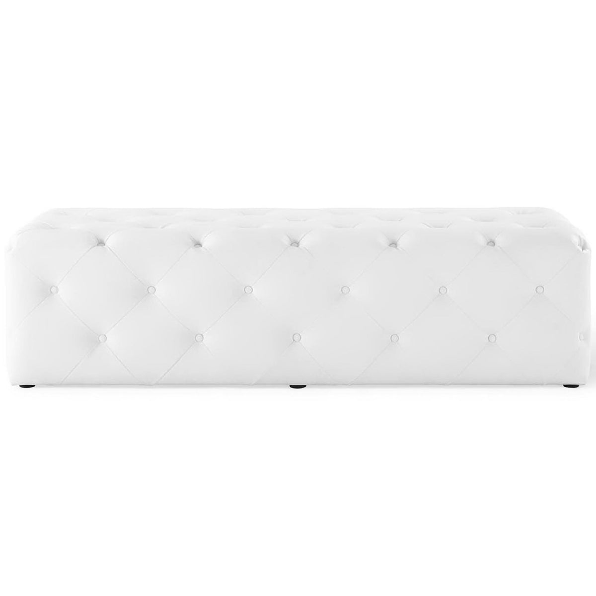 White tufted faux leather bench with extended length and a polished, minimalist profile || EEI-3769-WHI || front_studio