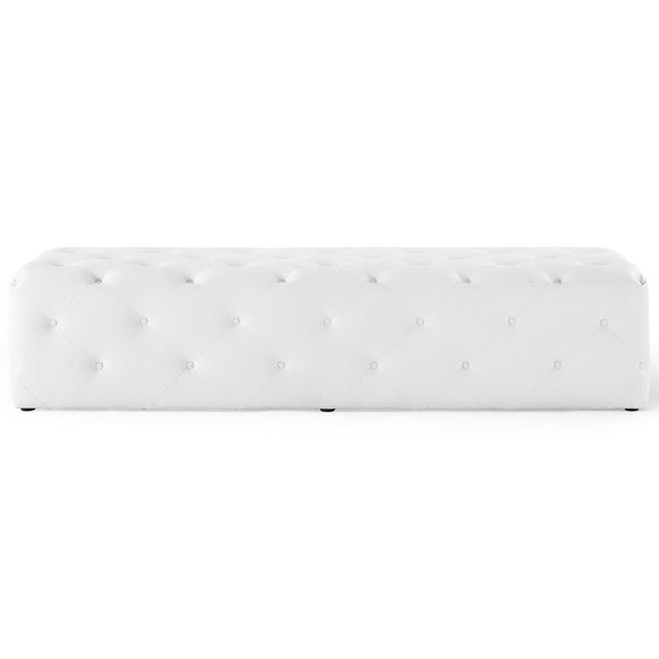 Extra-long white faux leather bench with uniform diamond tufting for a chic statement || EEI-3771-WHI || front_studio