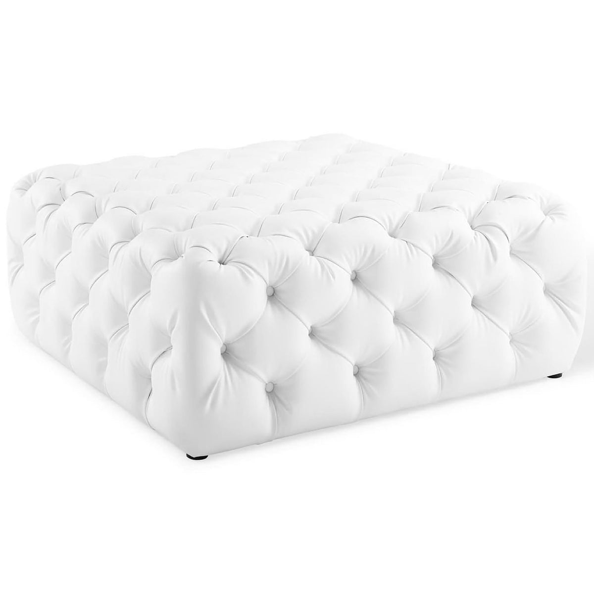 Large white tufted square faux leather ottoman with plush button detailing || EEI-3773-WHI || front_angle_studio