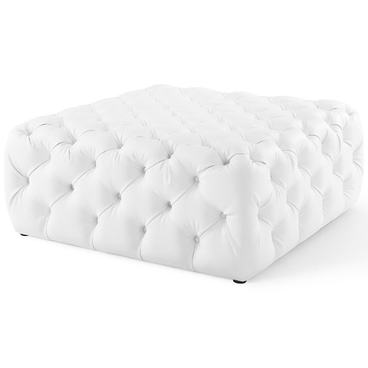 White tufted ottoman with deep button tufts and smooth faux leather sides || EEI-3773-WHI || front_angle_studio