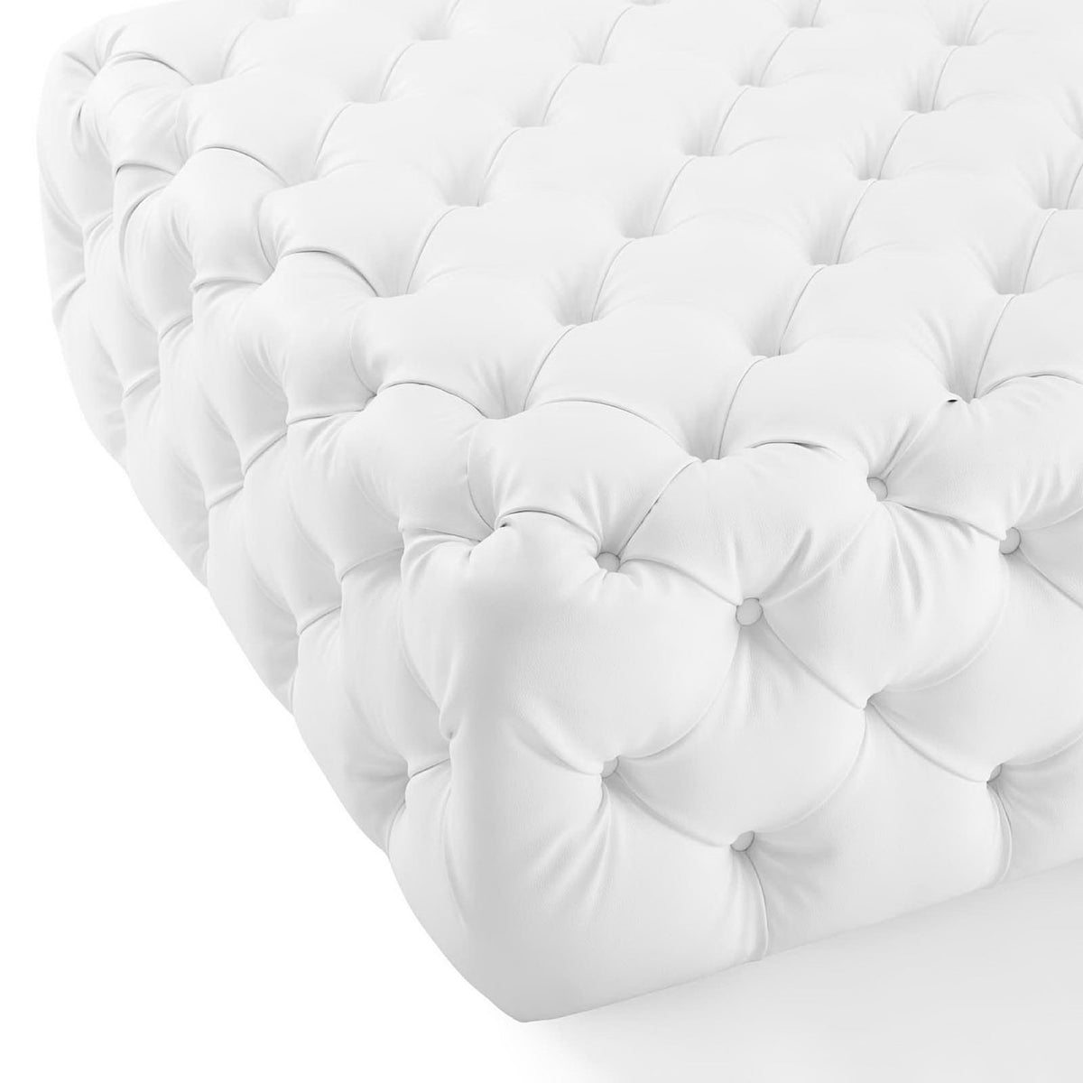 Ottoman corner featuring soft tufted cushioning and tailored faux leather seams || EEI-3773-WHI || detail_studio