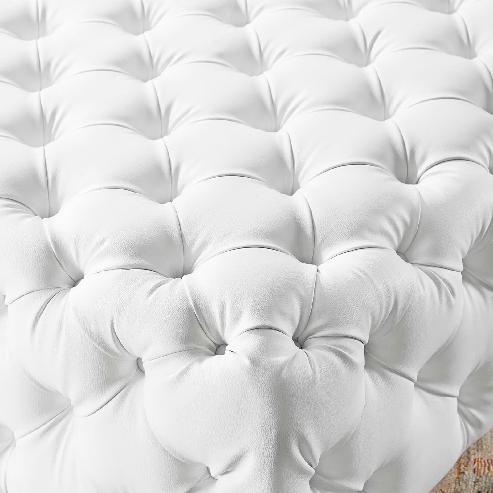 White faux leather upholstery with deep, luxurious button tufting || EEI-3773-WHI || detail_room