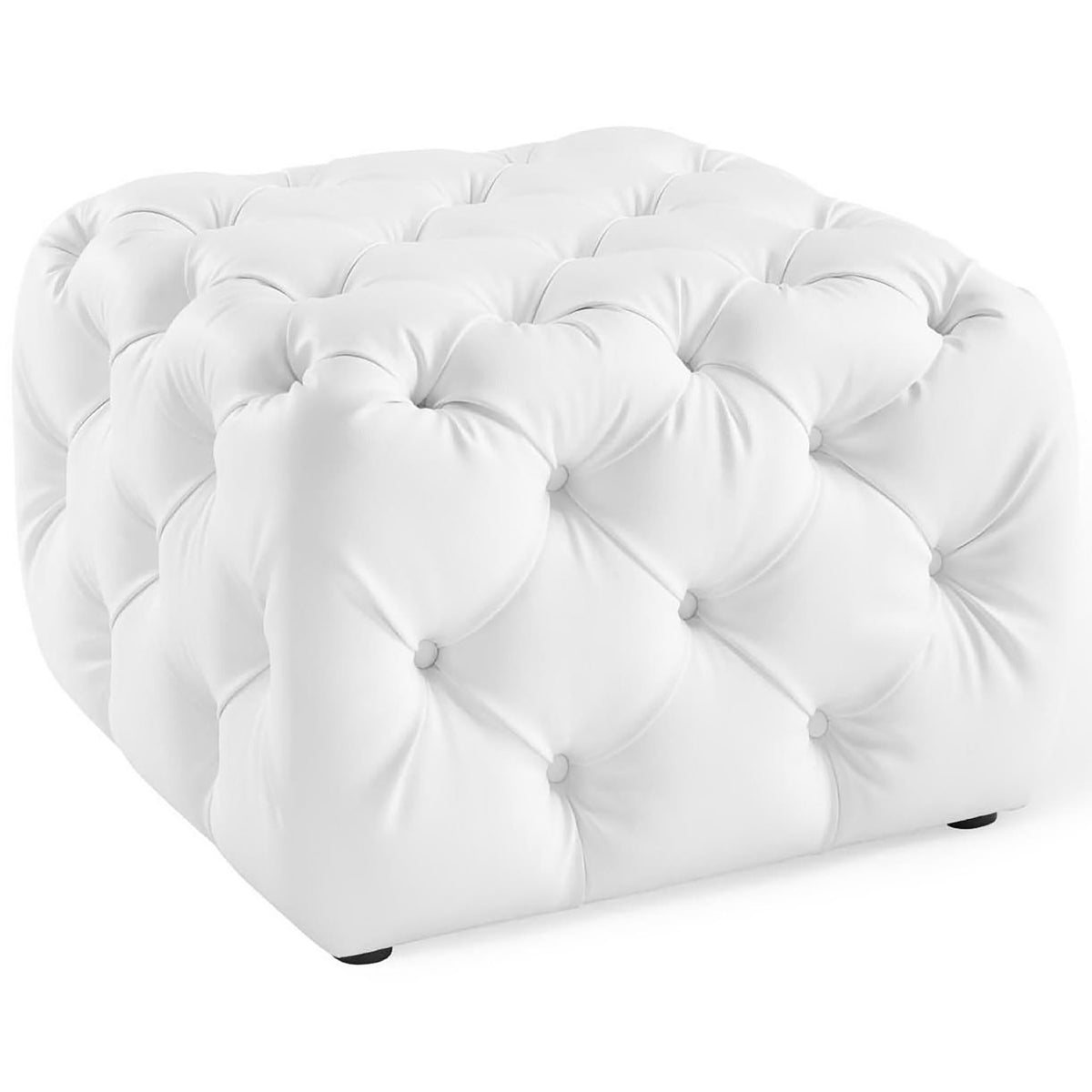 Cushioned white faux leather ottoman with deep button tufting across the top and all four sides || EEI-3775-WHI || front_angle_studio