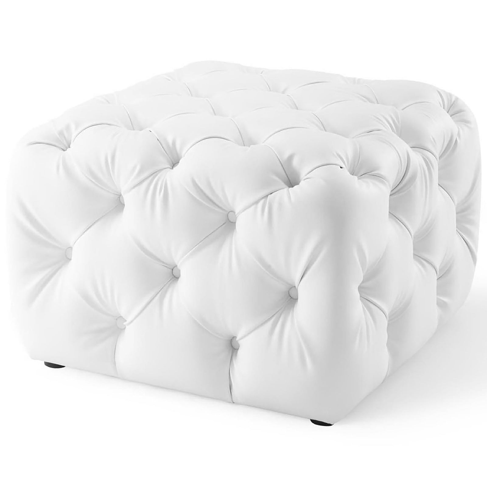 Low-profile white square ottoman featuring allover button tufting and a soft, pillowy silhouette || EEI-3775-WHI || side_studio