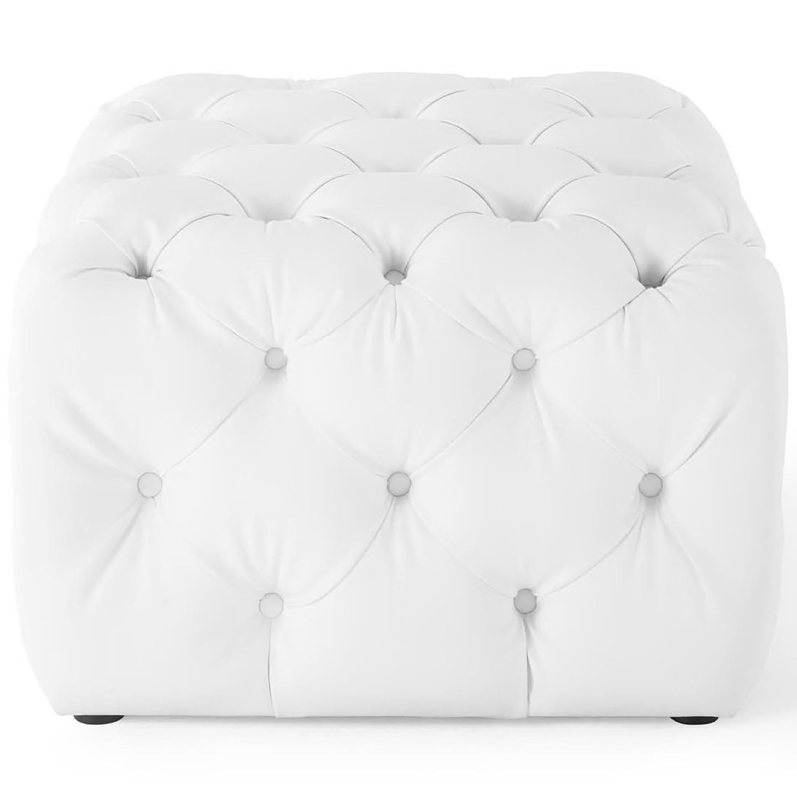 White tufted faux leather square ottoman with plush buttoned surface and smooth rounded edges || EEI-3775-WHI || front_studio