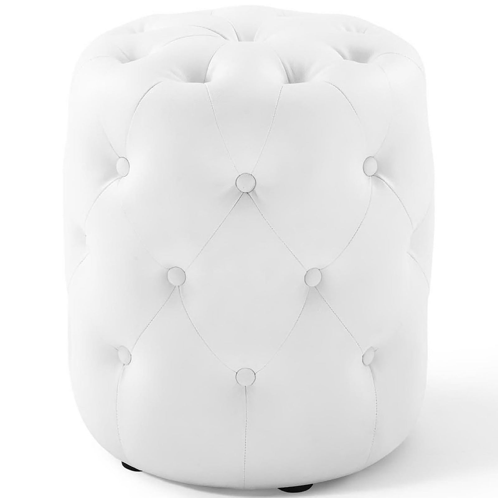 Compact white faux leather ottoman with diamond tufted buttons for a chic modern accent. || EEI-3777-WHI || front_studio