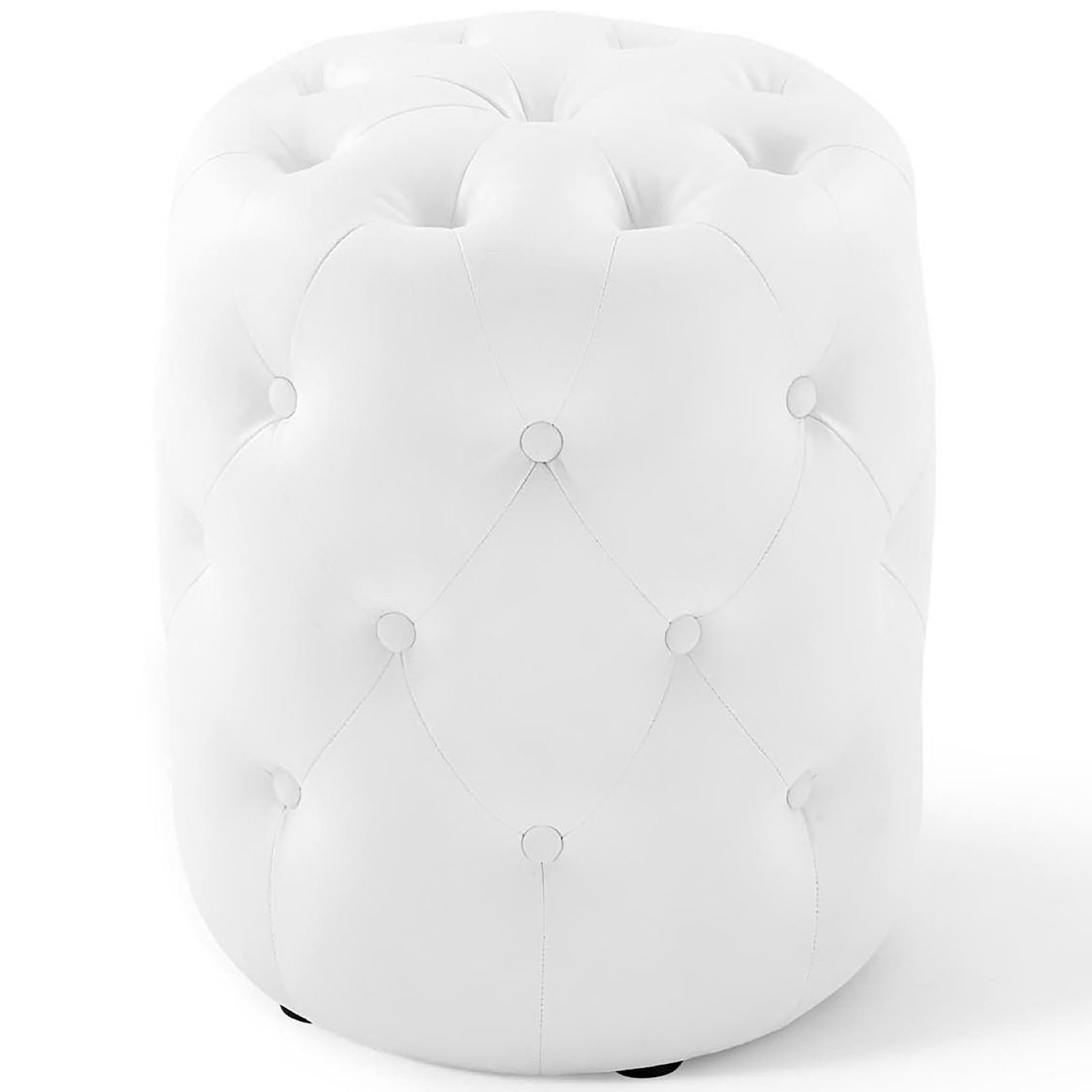 Smooth white faux leather ottoman showcasing elegant button tufting and rounded silhouette. || EEI-3777-WHI || front_angle_studio
