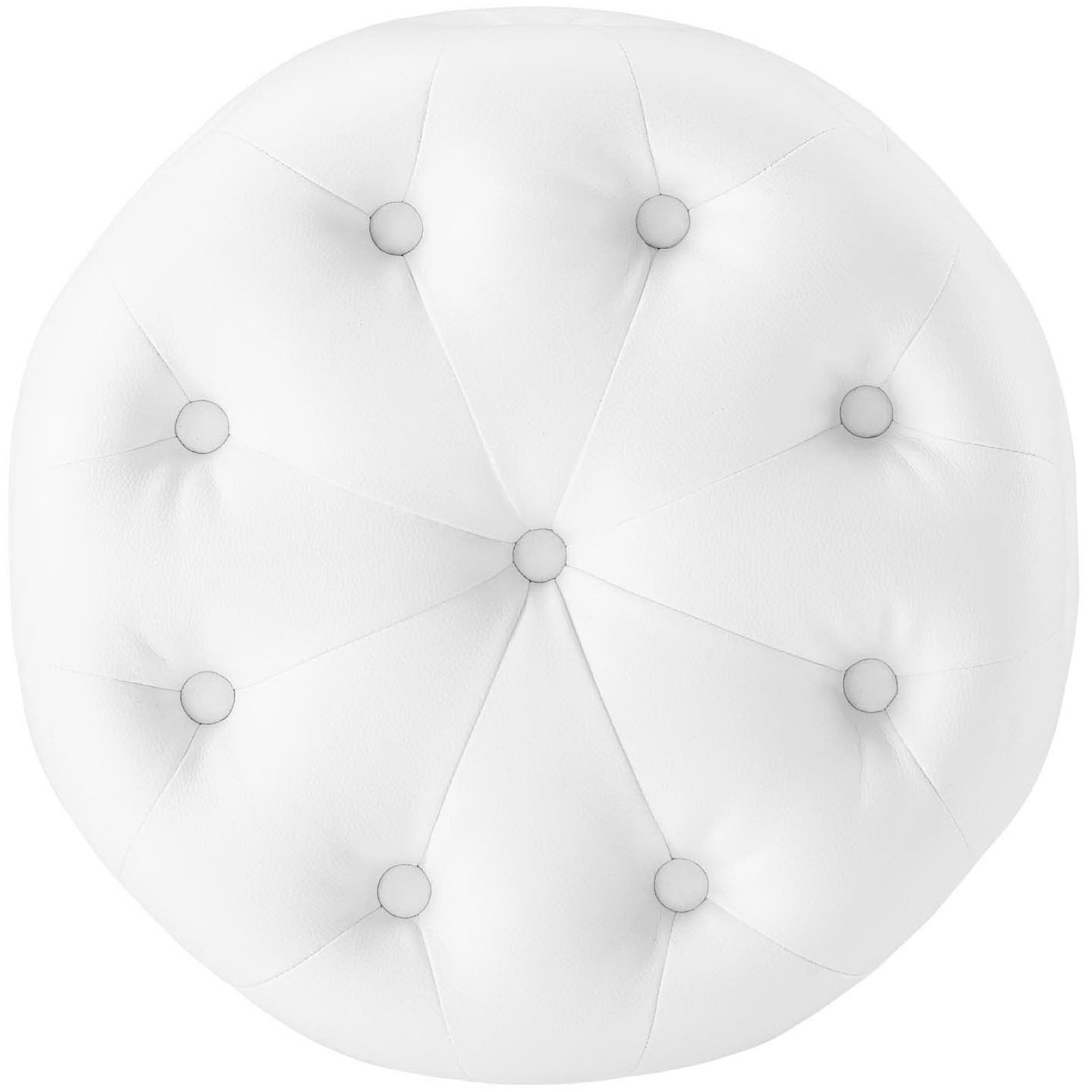 Top view of round white faux leather ottoman highlighting its central tufted button pattern. || EEI-3777-WHI || top_studio