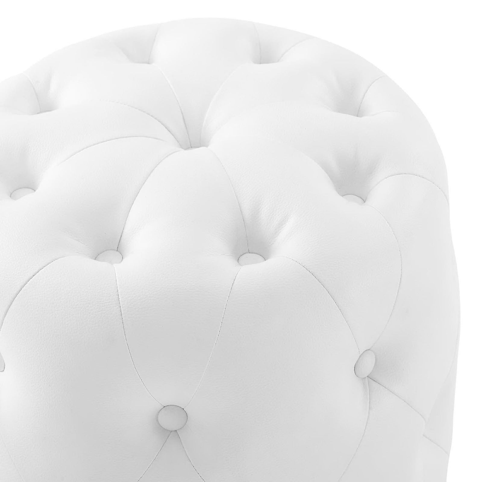 Close-up of white faux leather upholstery with deep tufting and soft, rounded cushioning. || EEI-3777-WHI || detail_studio