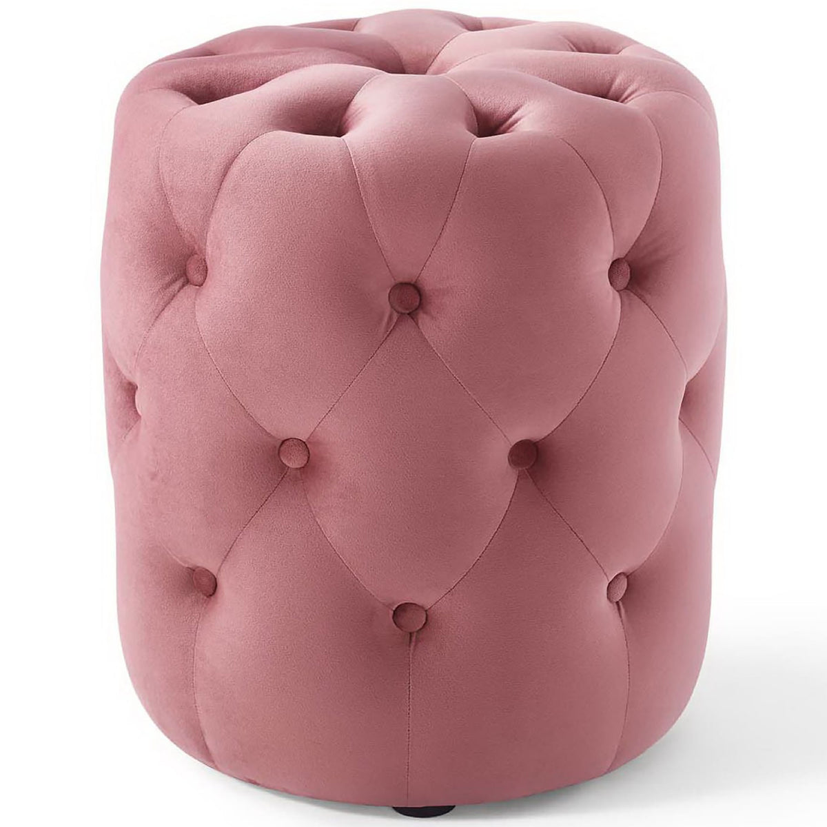 Compact dusty rose velvet ottoman with deep button tufting for elegant extra seating or a footrest. || EEI-3778-DUS || front_angle_studio