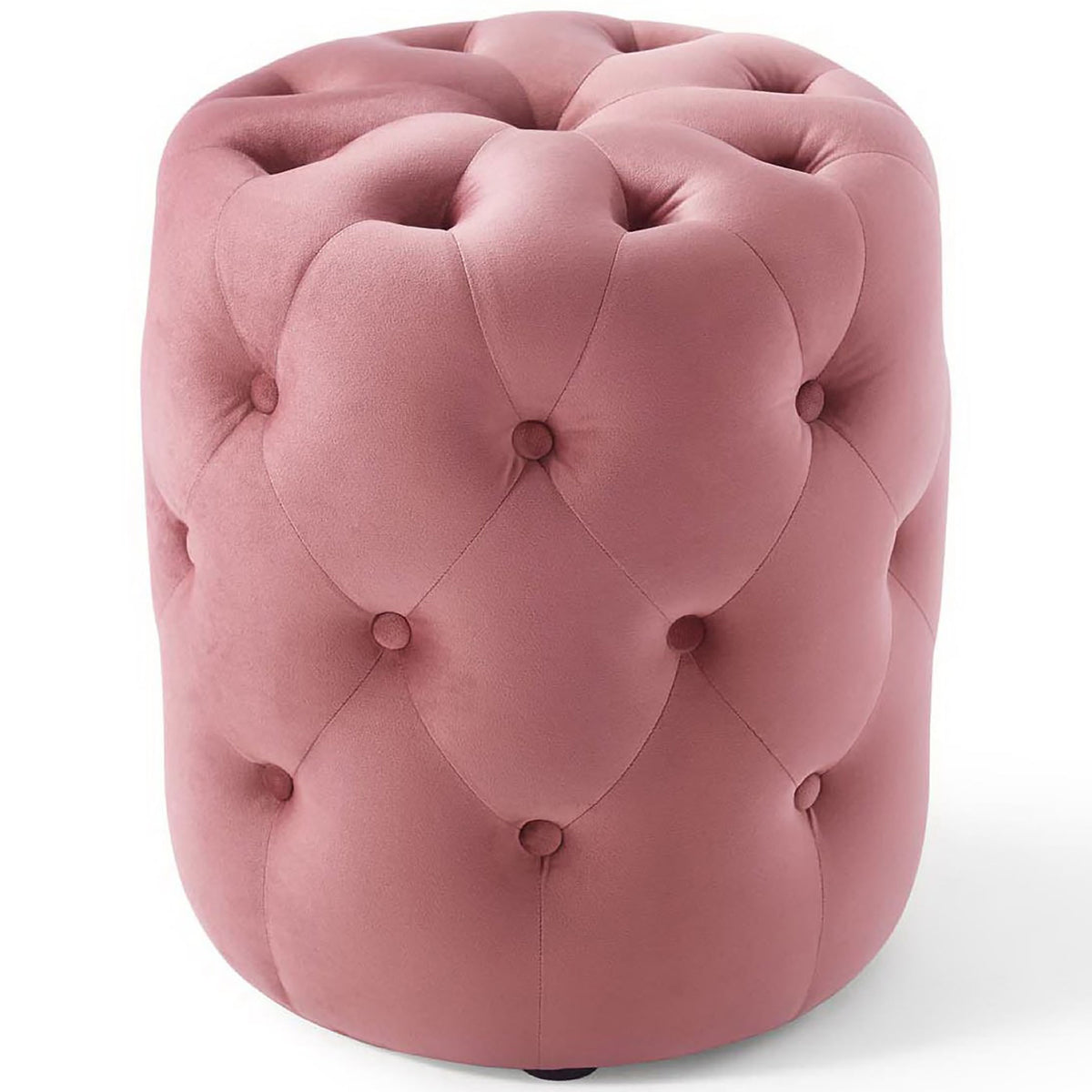 Dusty rose round velvet ottoman with plush button tufting and smooth cylindrical profile. || EEI-3778-DUS || front_studio