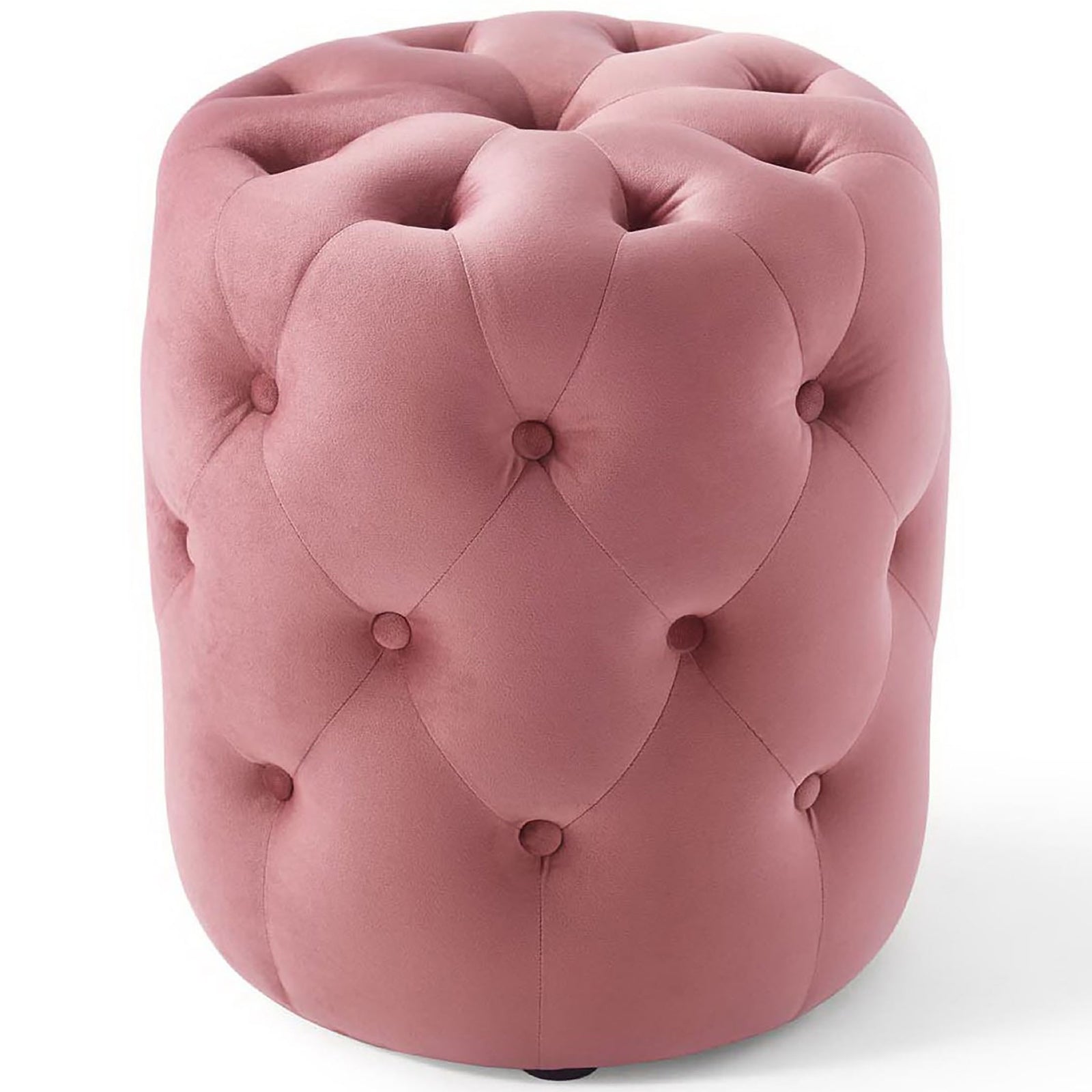 Dusty rose round velvet ottoman with plush button tufting and smooth cylindrical profile. || EEI-3778-DUS || front_studio