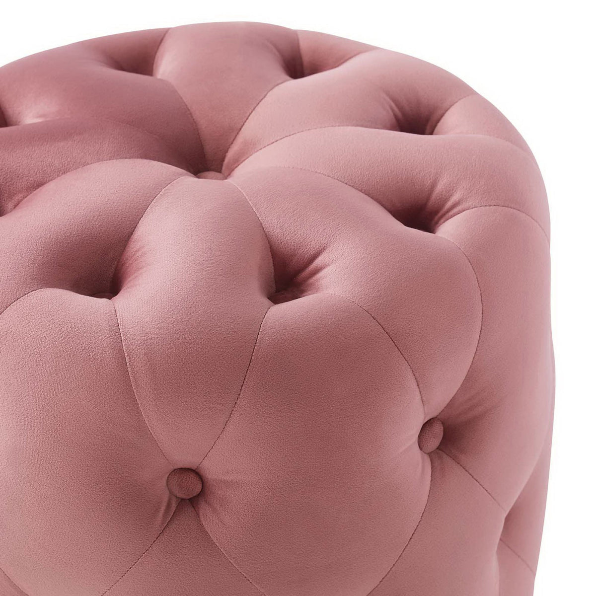 Soft performance velvet upholstery highlights the deep button tufting and plush padding of this dusty rose ottoman. || EEI-3778-DUS || detail_studio