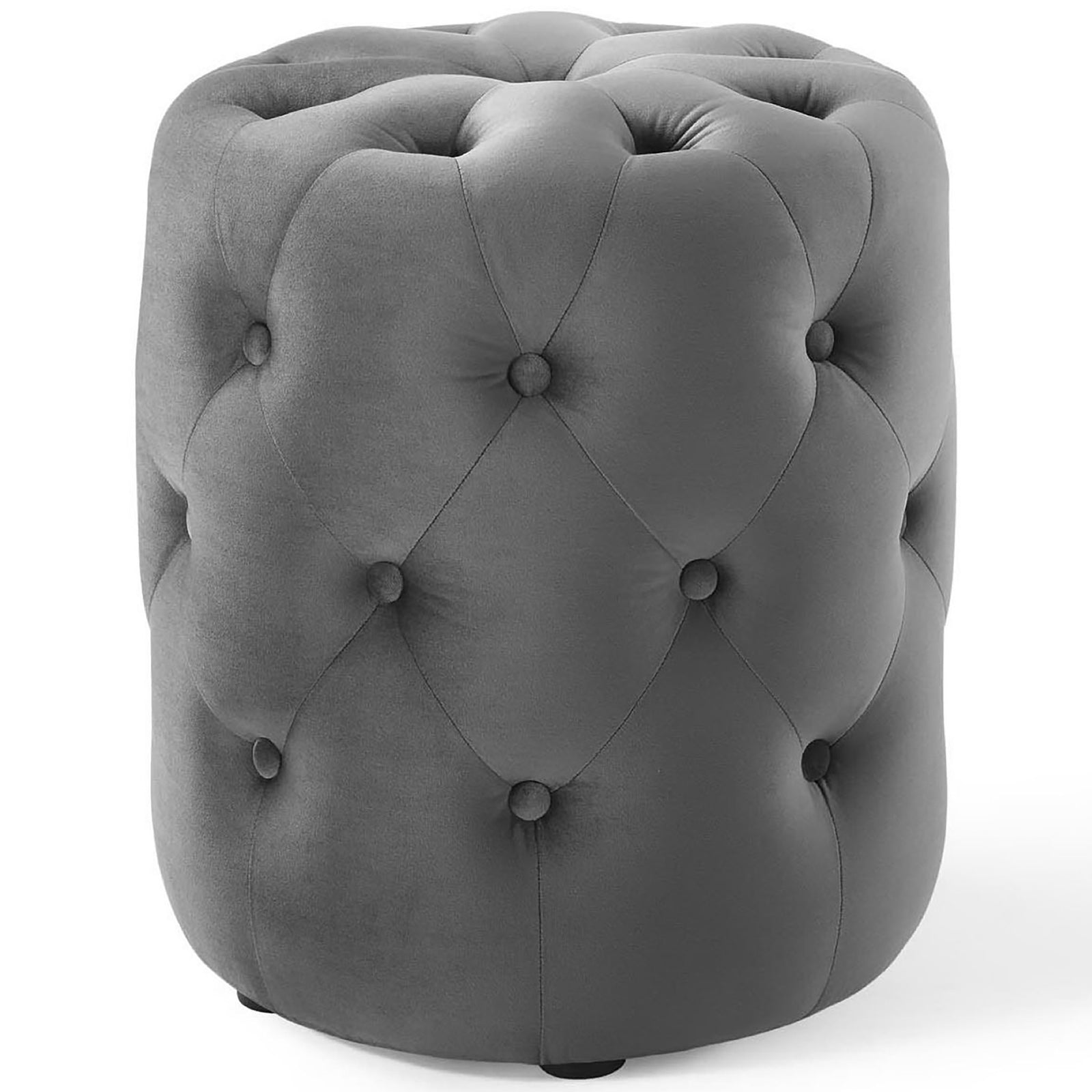 Gray velvet round ottoman with deep diamond tufting for plush texture and compact seating || EEI-3778-GRY || front_angle_studio