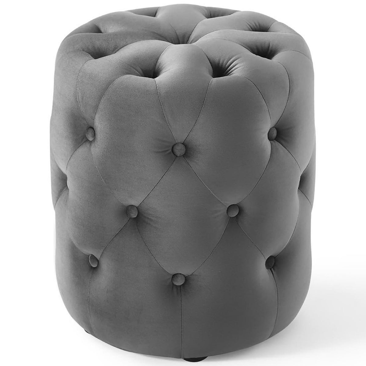 Soft gray performance velvet ottoman showcasing rich button tufting and smooth cylindrical silhouette || EEI-3778-GRY || front_angle_studio