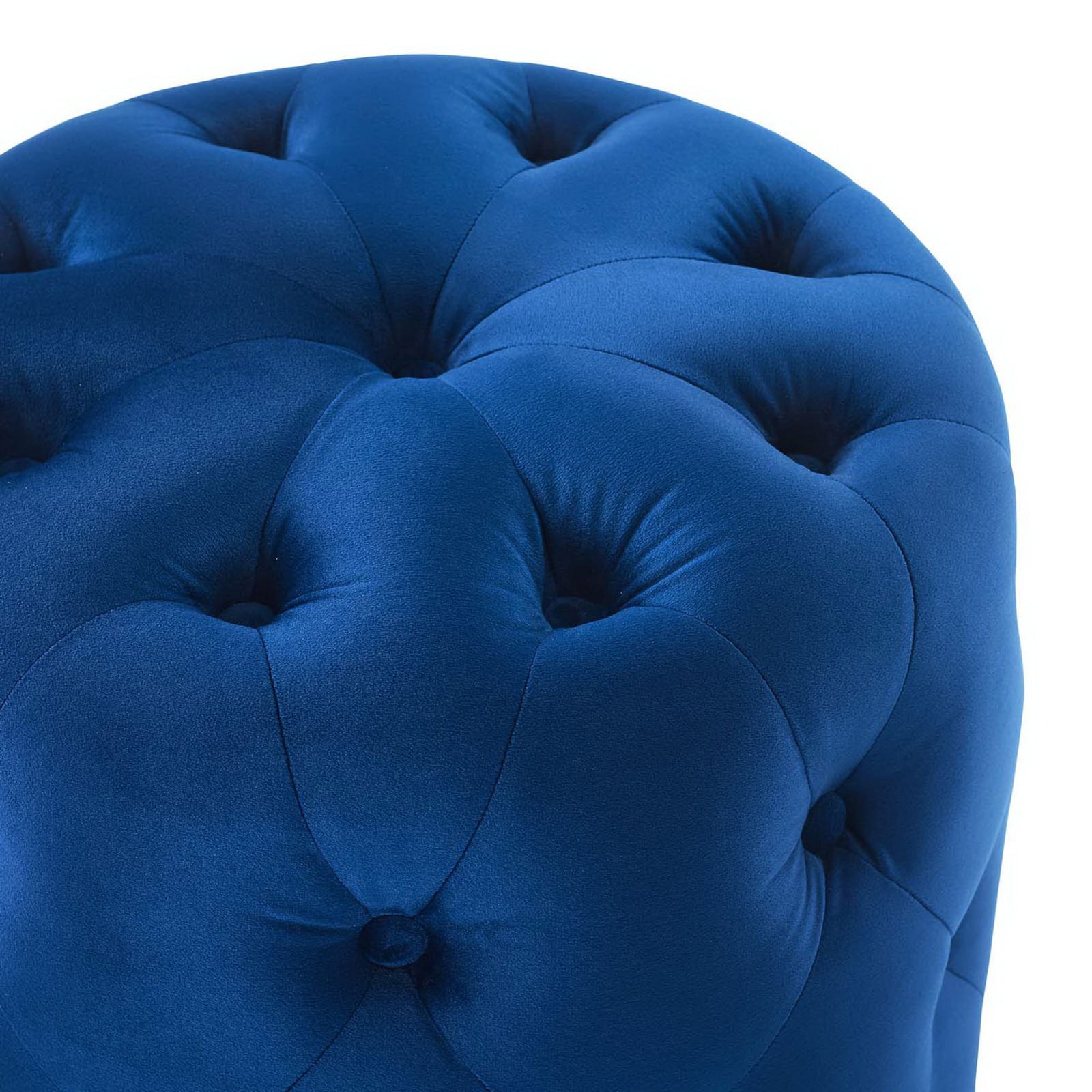 Soft navy velvet upholstery with plush button tufting for a rich, dimensional ottoman surface || EEI-3778-NAV || detail_studio
