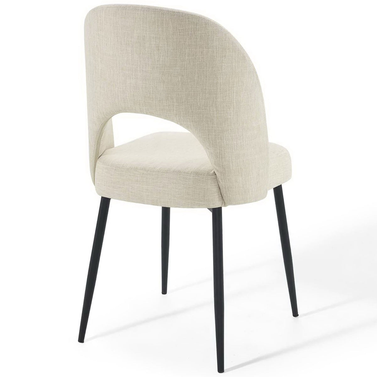 Curved back design with generous cutout adds airy style to this upholstered dining chair || EEI-3801-BLK-BEI || back_angle_studio