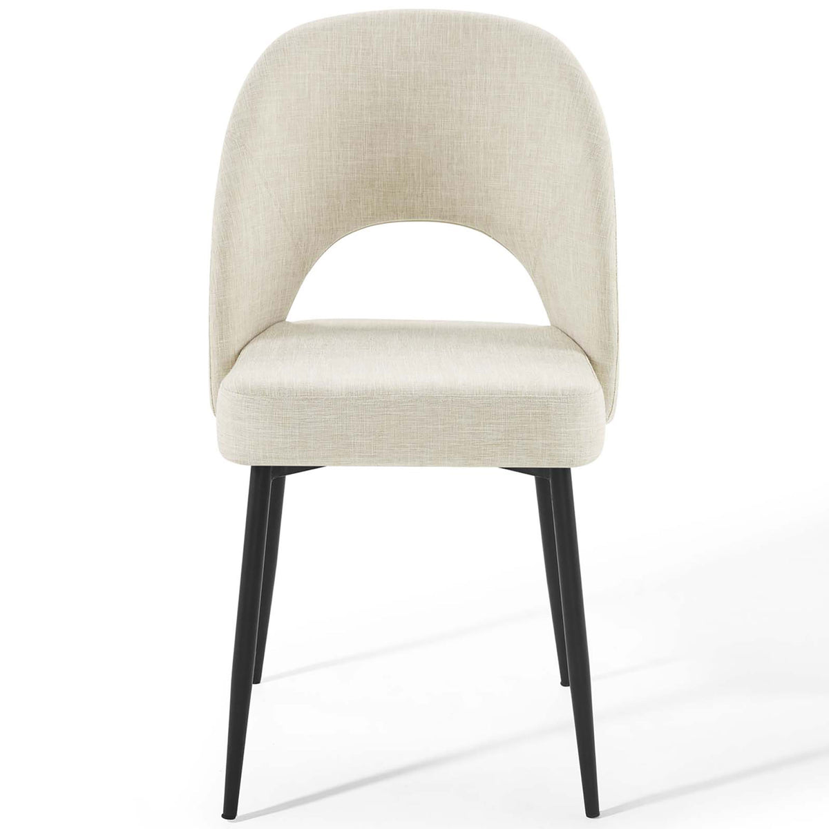Modern beige fabric dining chair with curved open back and slim matte black legs || EEI-3801-BLK-BEI || front_studio
