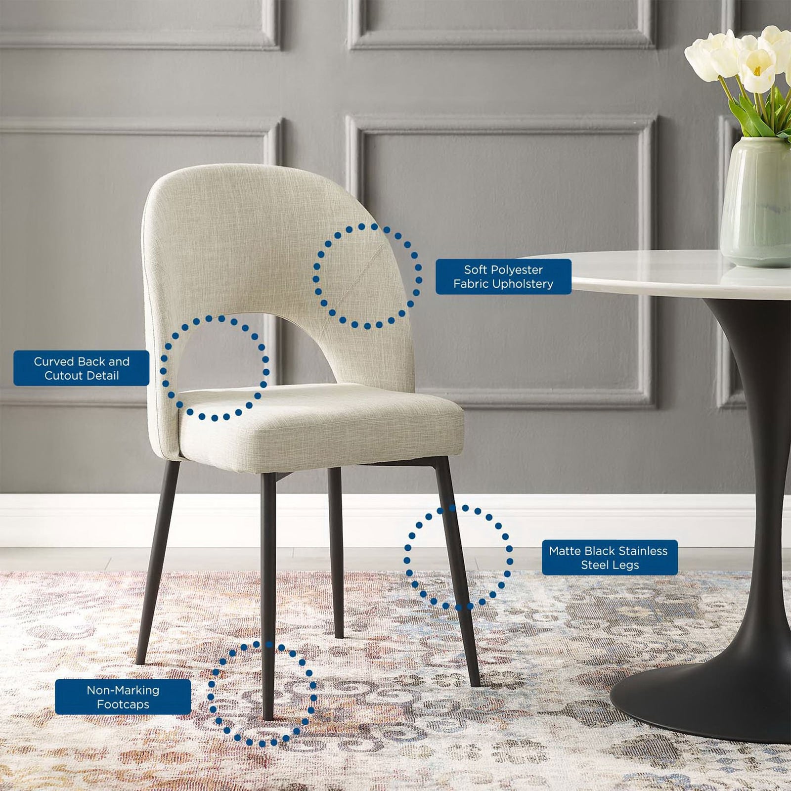 Soft fabric upholstery, matte black legs, and non-marking foot caps enhance everyday dining comfort || EEI-3801-BLK-BEI || callout_room