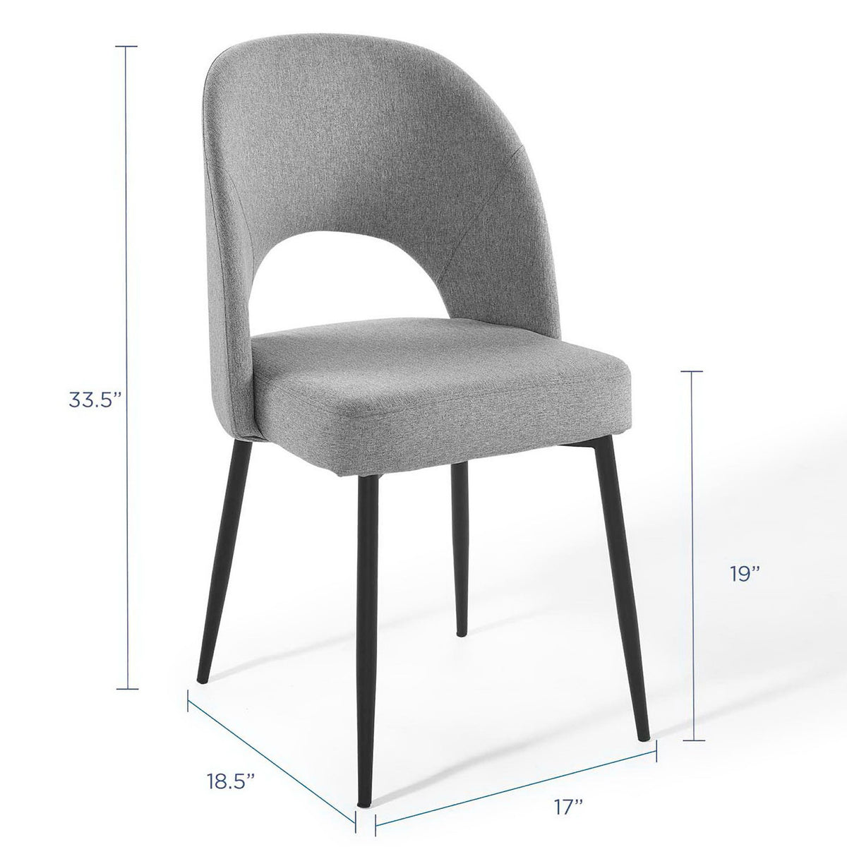 Gray fabric dining chair with measurements shown, highlighting compact footprint and comfortable seat height. || EEI-3801-BLK-LGR || dimension_studio