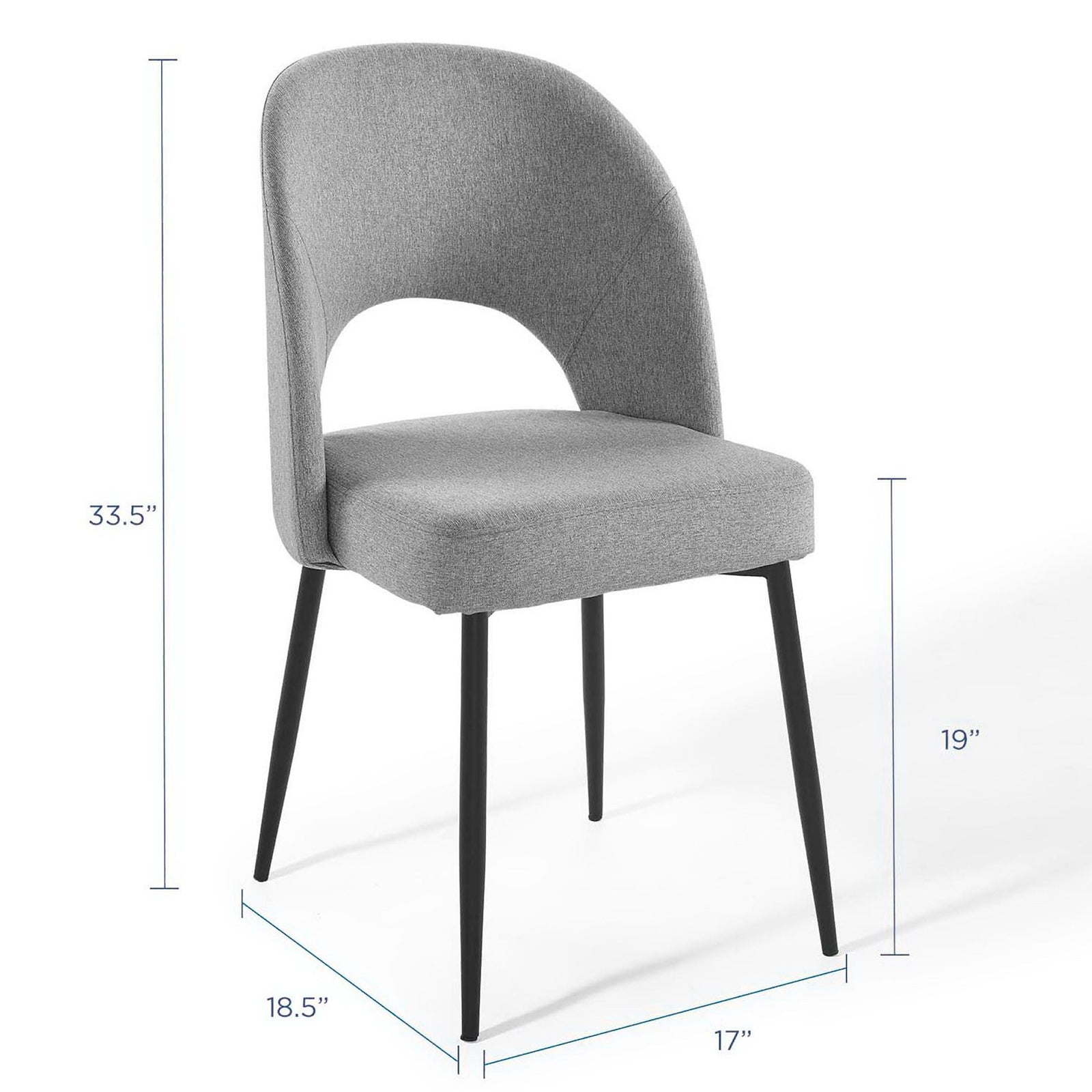 Gray fabric dining chair with measurements shown, highlighting compact footprint and comfortable seat height. || EEI-3801-BLK-LGR || dimension_studio