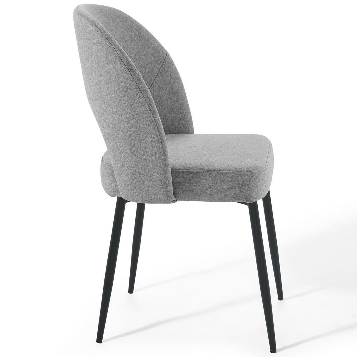 Gray upholstered dining chair with gently arched back, plush seat cushion, and tapered black legs. || EEI-3801-BLK-LGR || side_studio