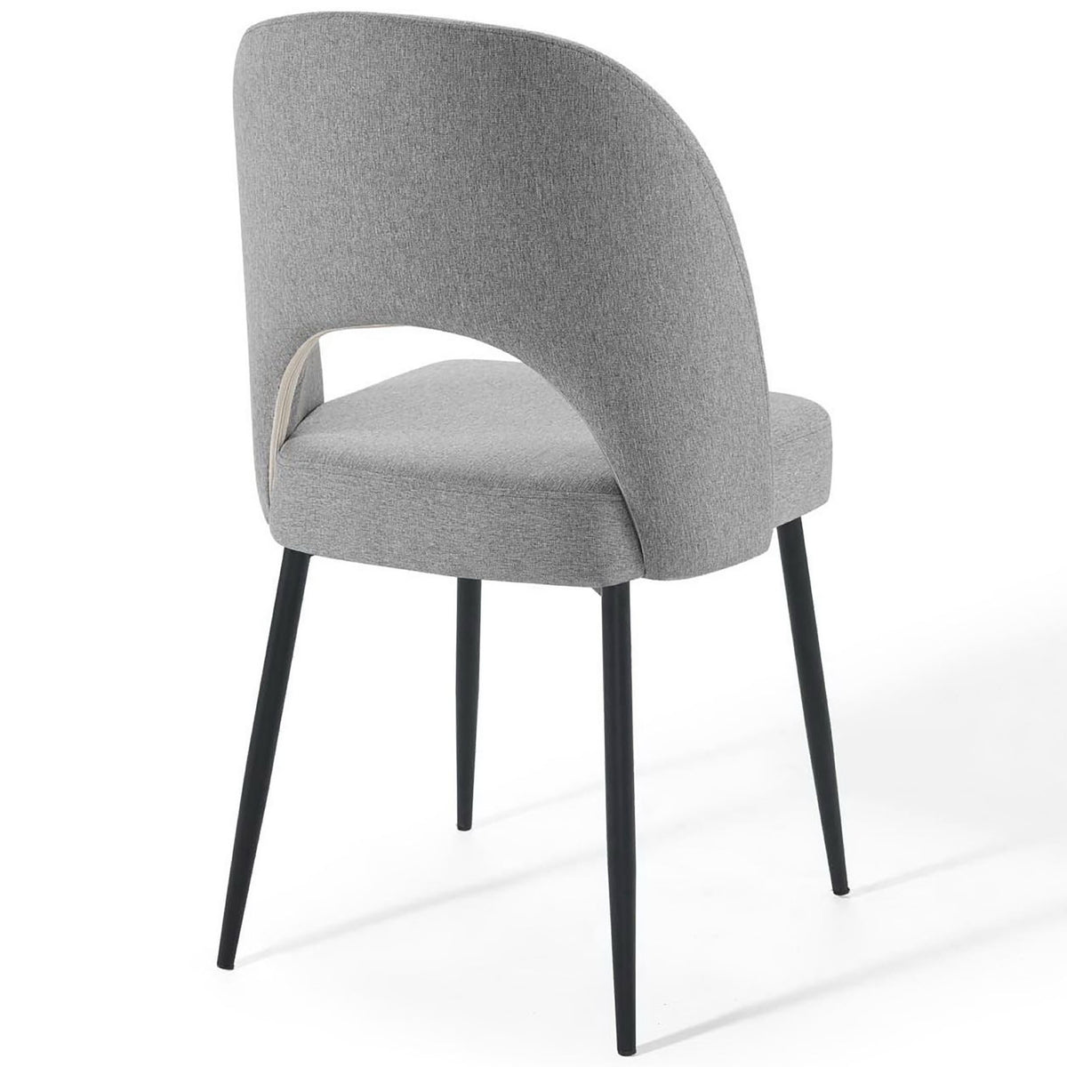 Gray fabric dining chair featuring a smooth curved back with rear cutout and slender black metal legs. || EEI-3801-BLK-LGR || back_angle_studio