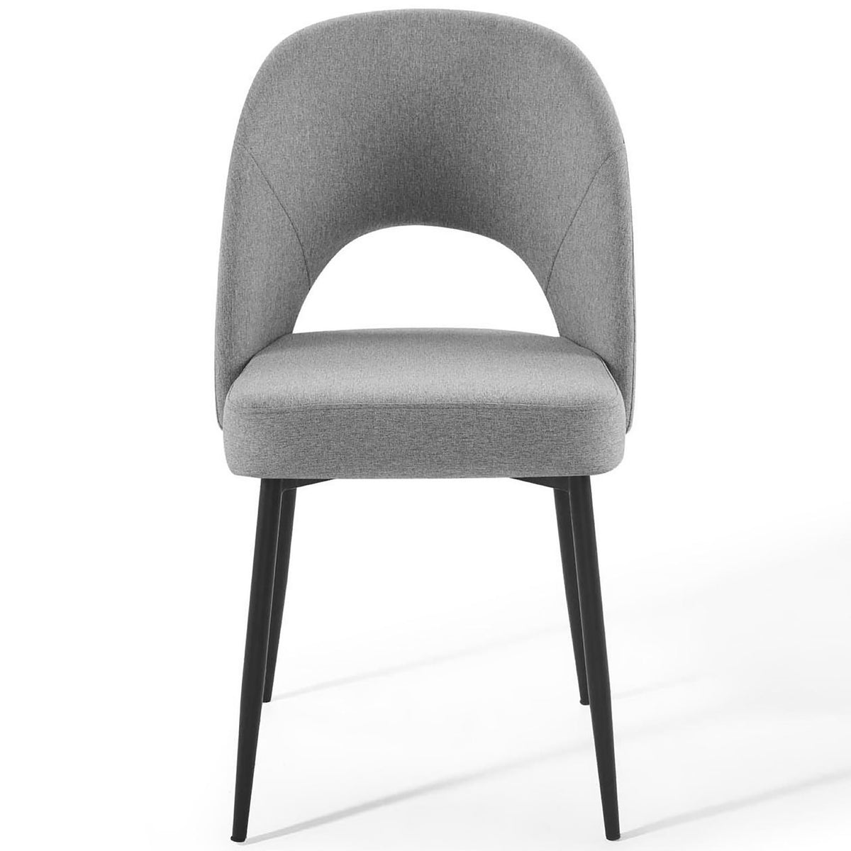 Modern gray dining chair with open back design, wide cushioned seat, and sleek black metal legs. || EEI-3801-BLK-LGR || front_studio