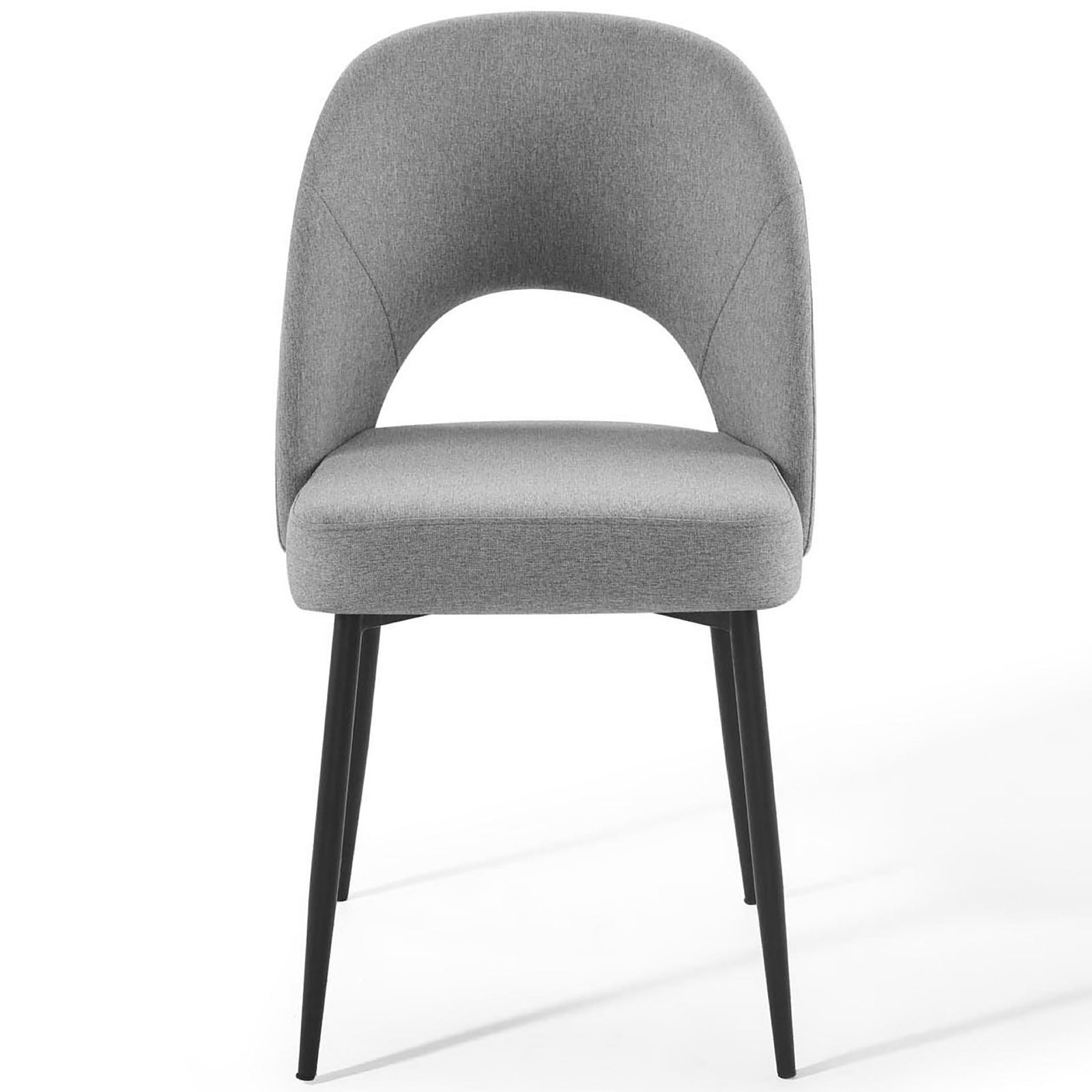 Modern gray dining chair with open back design, wide cushioned seat, and sleek black metal legs. || EEI-3801-BLK-LGR || front_studio