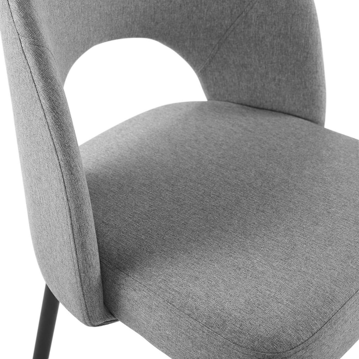 Gray upholstered seat and lower backrest showing soft fabric texture and supportive foam cushioning. || EEI-3801-BLK-LGR || detail_studio