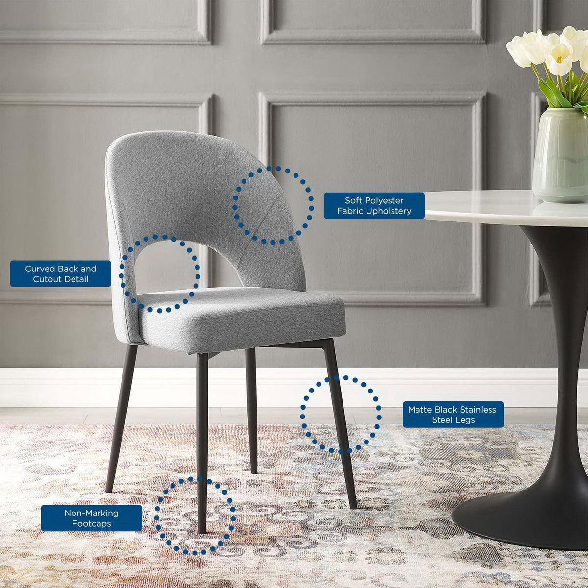 Gray upholstered dining chair in a modern room with graphic callouts highlighting soft fabric and matte black legs. || EEI-3801-BLK-LGR || callout_room