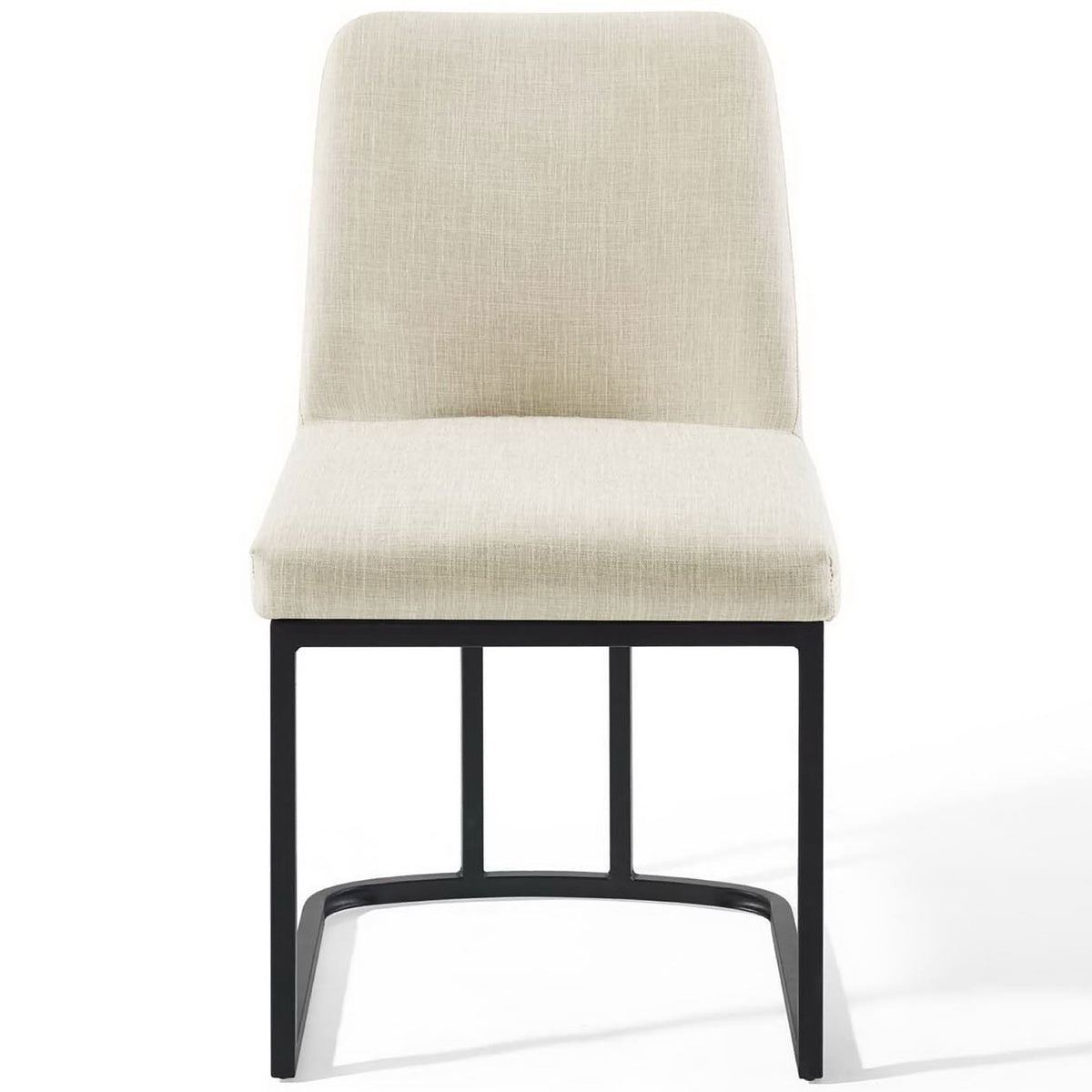Modern beige upholstered dining chair with plush seat and sleek black sled base || EEI-3811-BLK-BEI || front_studio
