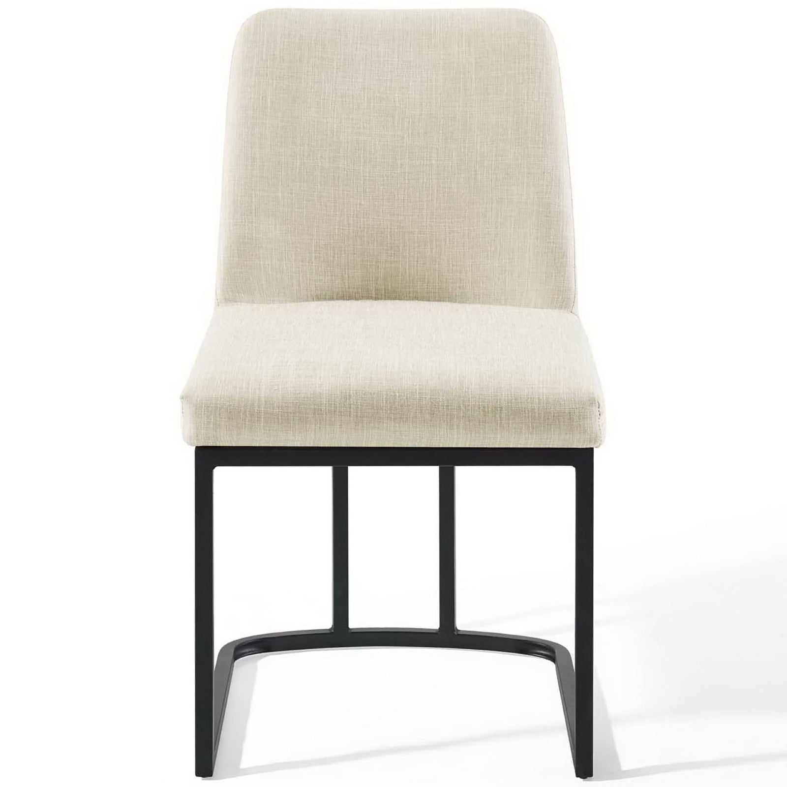 Modern beige upholstered dining chair with plush seat and sleek black sled base || EEI-3811-BLK-BEI || front_studio