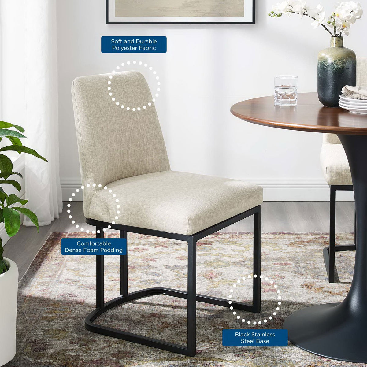 Dining chair in a modern room with callouts for soft fabric, dense foam seat, and black base || EEI-3811-BLK-BEI || callout_room