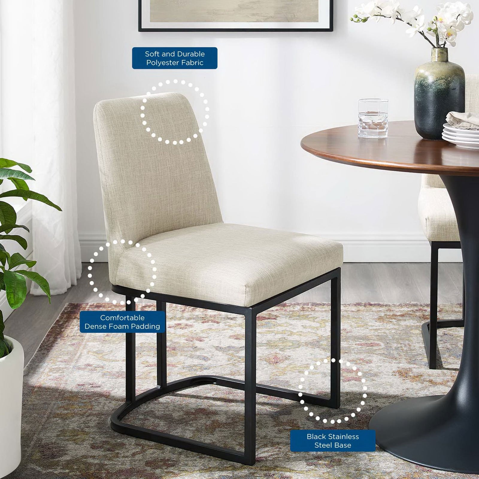 Dining chair in a modern room with callouts for soft fabric, dense foam seat, and black base || EEI-3811-BLK-BEI || callout_room