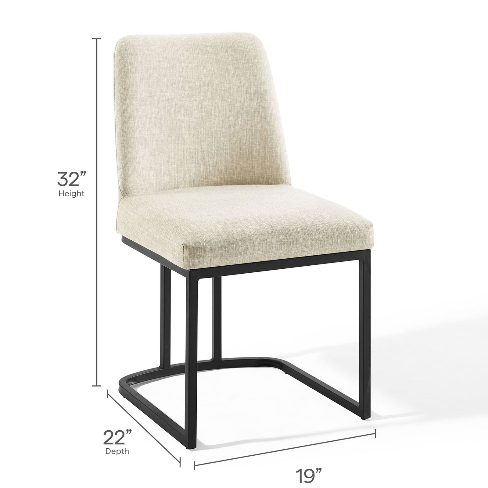 Dimension diagram of upholstered dining chair specifying height, depth, and seat width measurements || EEI-3811-BLK-BEI || dimension_studio