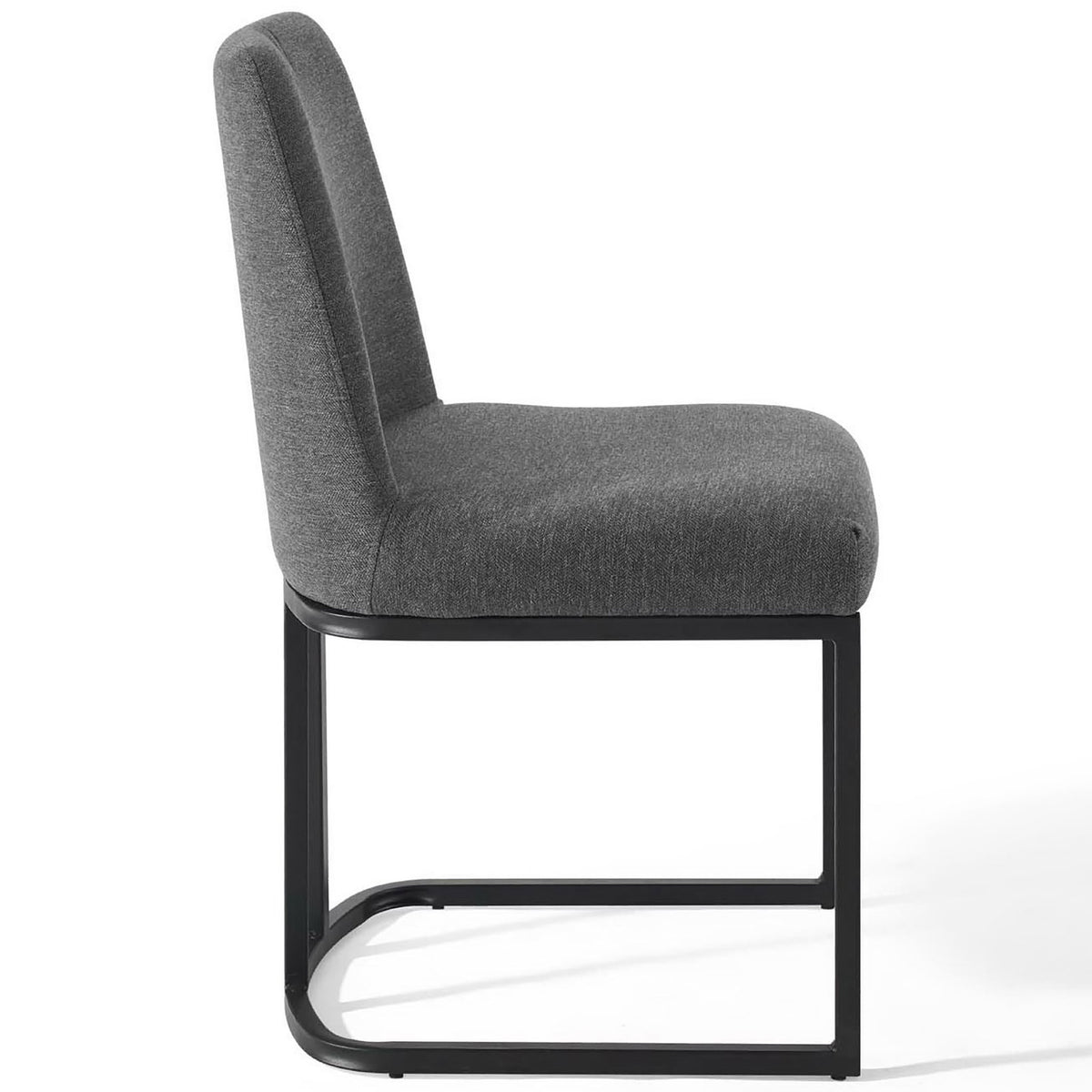 Slim charcoal upholstered dining chair emphasizing thick seat cushion and sleek frame || EEI-3811-BLK-CHA || side_studio