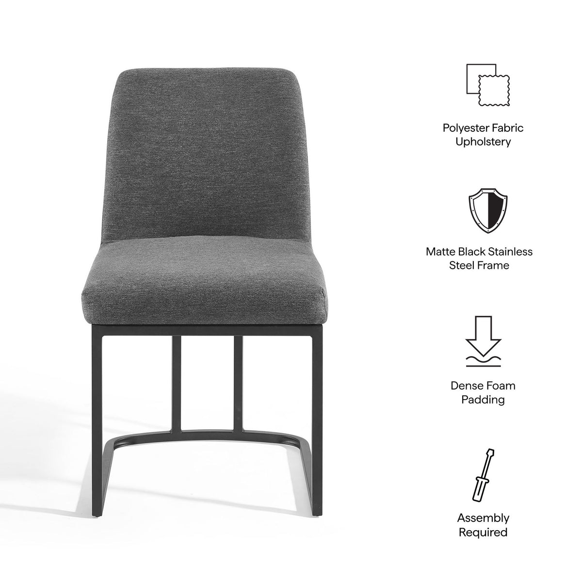 Charcoal sled base dining chair with icons highlighting upholstery, foam padding, and metal frame || EEI-3811-BLK-CHA || callout_studio