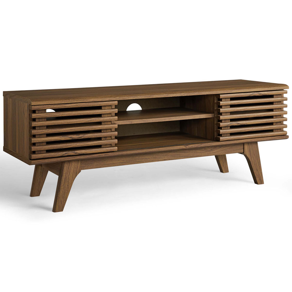 Mid-century walnut TV console with slatted doors and open shelves for media. || EEI-3837-WAL || front_angle_studio