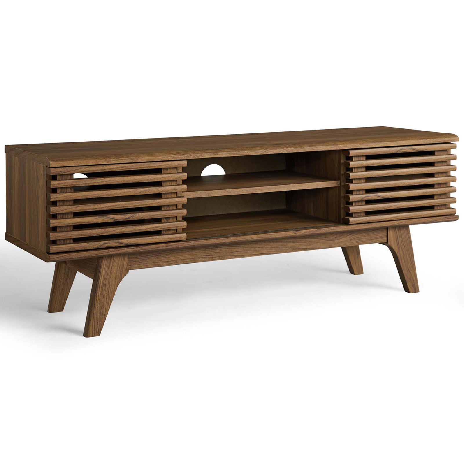 Mid-century walnut TV console with slatted doors and open shelves for media. || EEI-3837-WAL || front_angle_studio