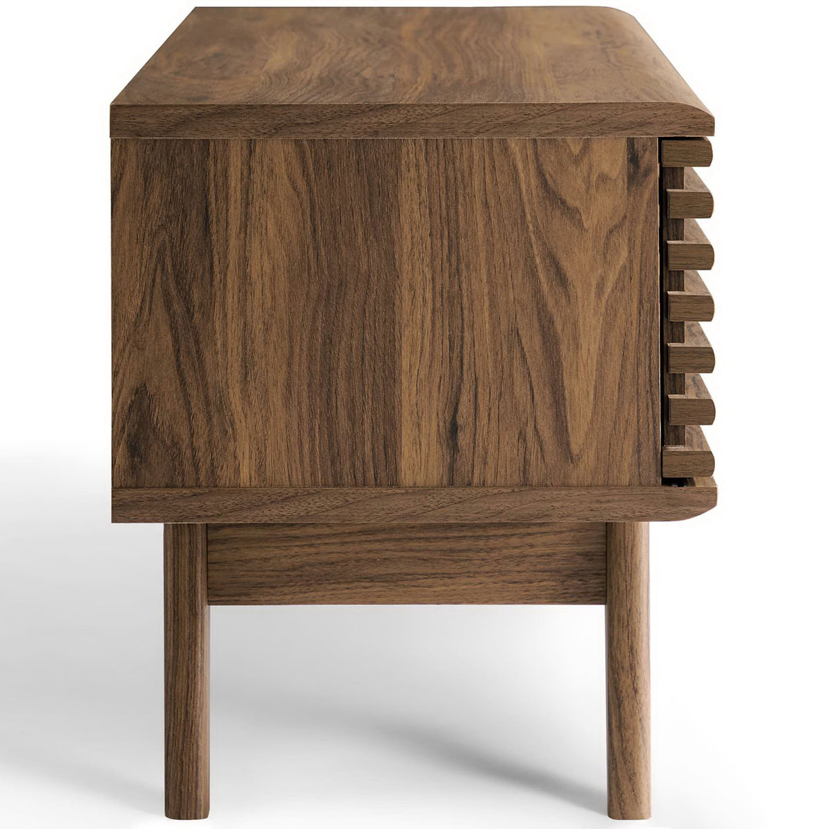 Side profile of the walnut TV stand with tapered legs and smooth wood grain. || EEI-3837-WAL || side_studio