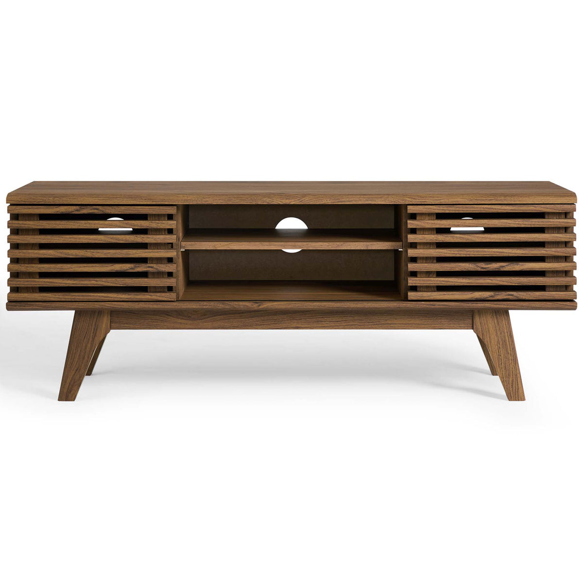 Walnut media console with dual slatted doors and open center shelves. || EEI-3837-WAL || front_studio
