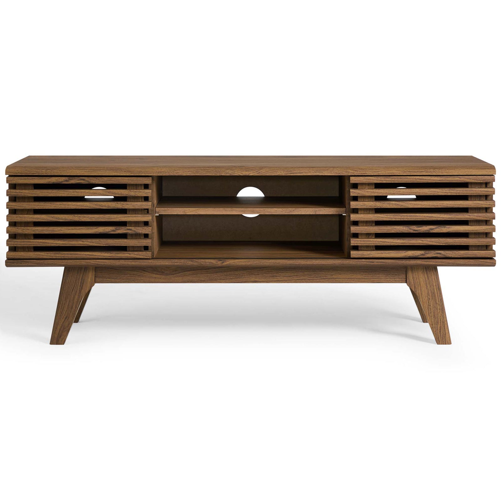 Walnut media console with dual slatted doors and open center shelves. || EEI-3837-WAL || front_studio