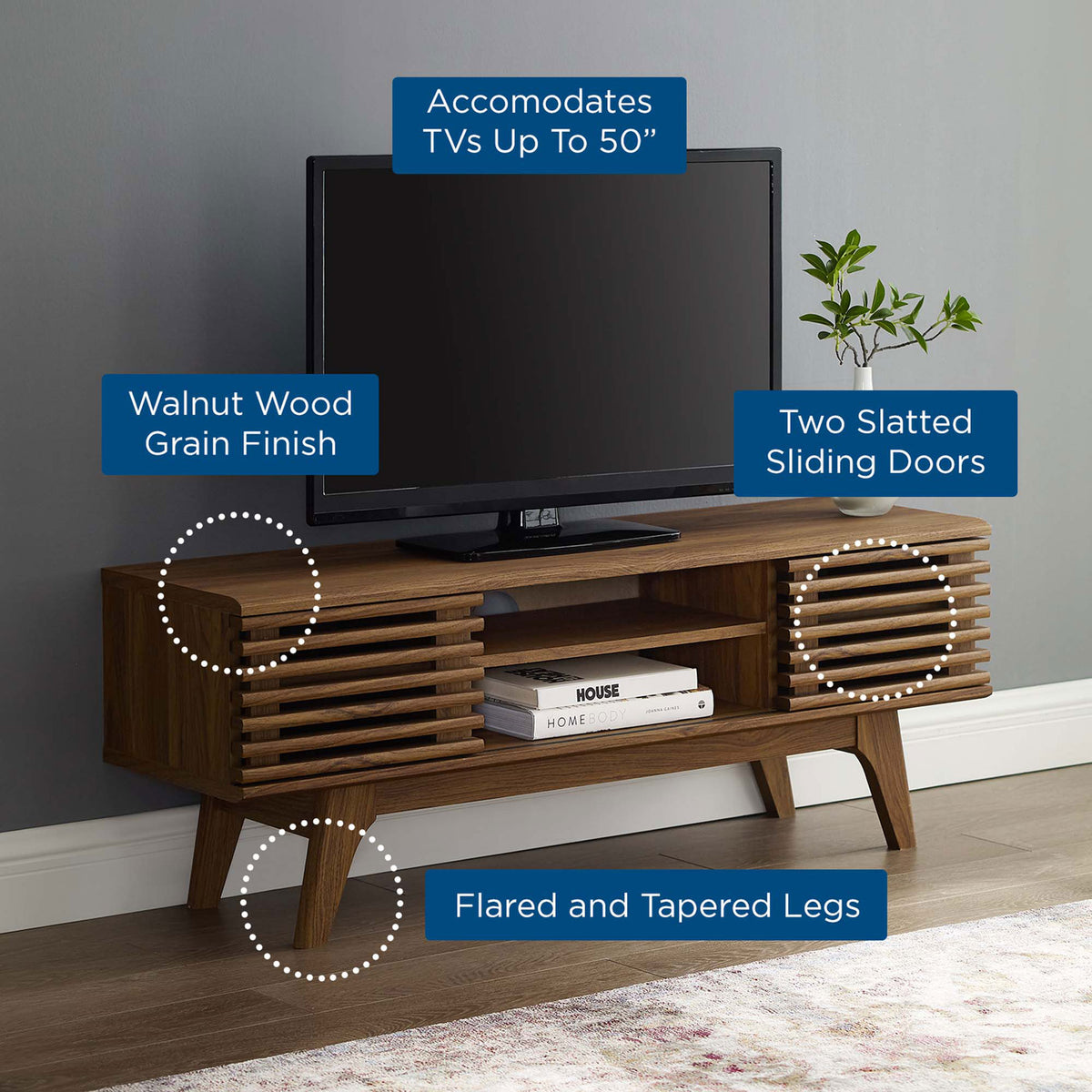 Living room scene highlighting TV capacity, walnut finish, doors, and tapered legs. || EEI-3837-WAL || callout_room