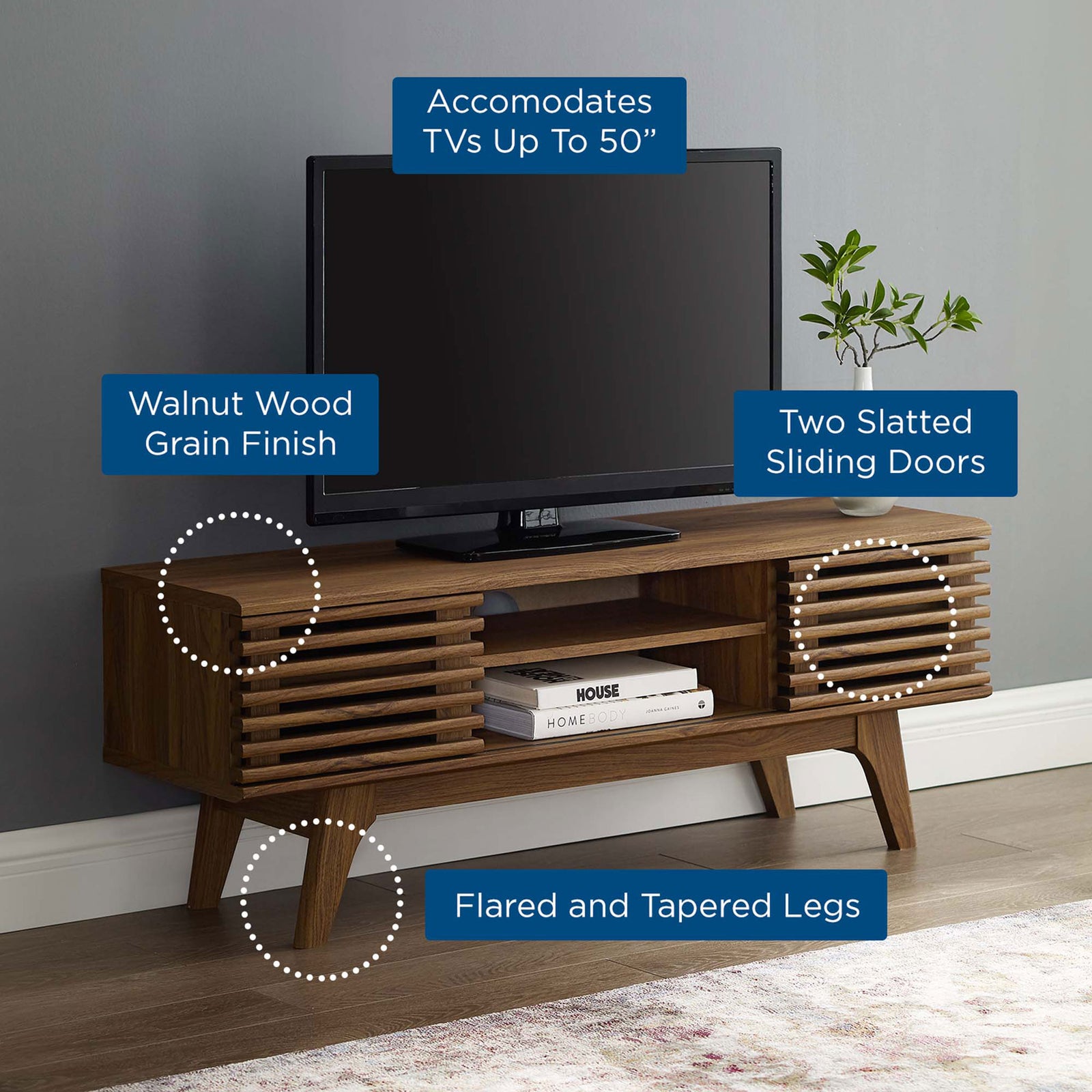 Living room scene highlighting TV capacity, walnut finish, doors, and tapered legs. || EEI-3837-WAL || callout_room