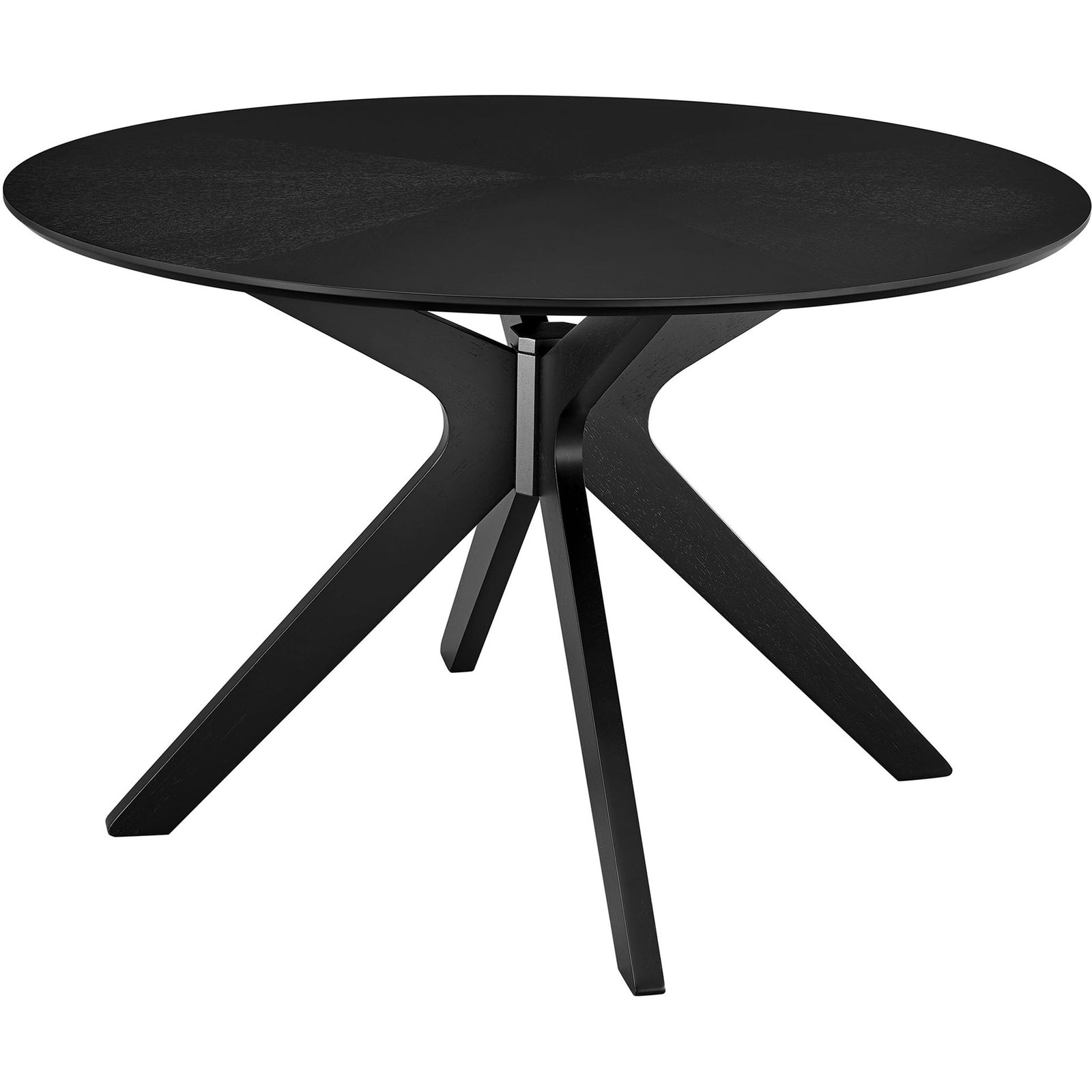 Black round dining table with sculptural intersecting wood legs and smooth veneer top || EEI-3847-BLK || front_angle_studio