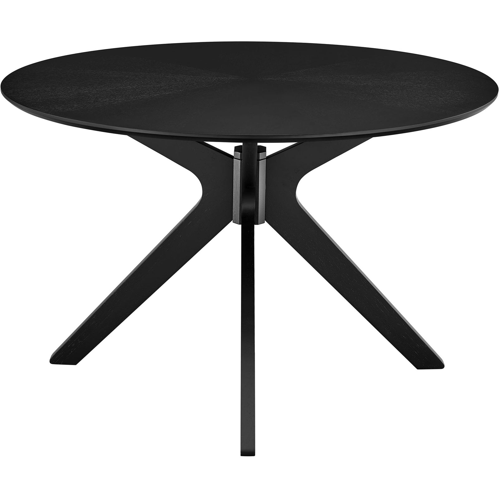 Sleek black round dining table with a minimalist tripod base and refined mid century look || EEI-3847-BLK || front_studio