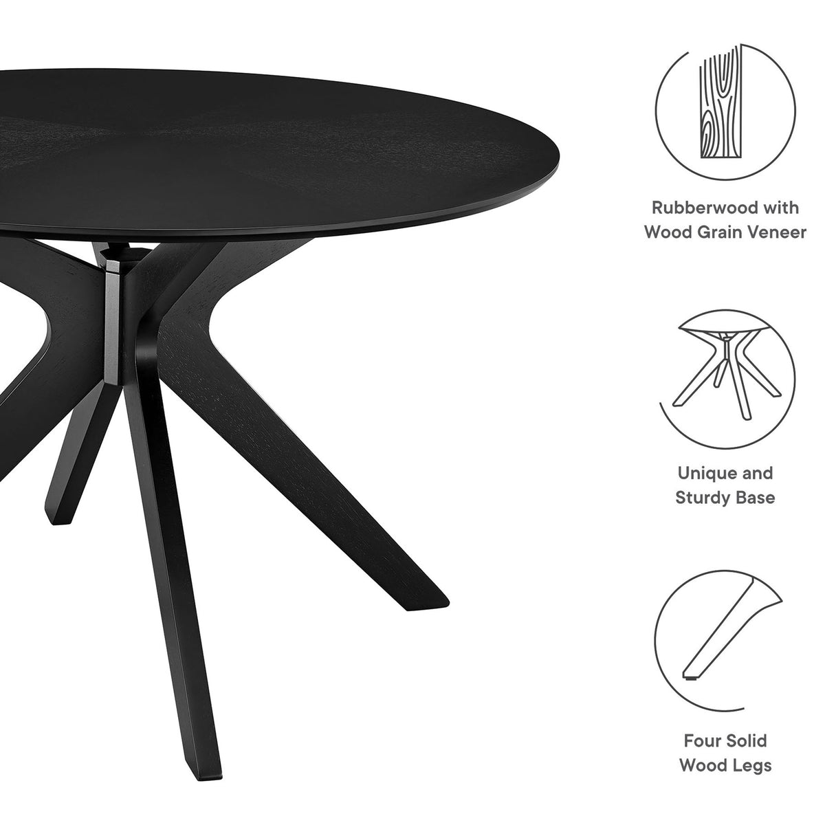 Feature graphic showing the black round table with icons for wood grain veneer and solid legs || EEI-3847-BLK || callout_studio