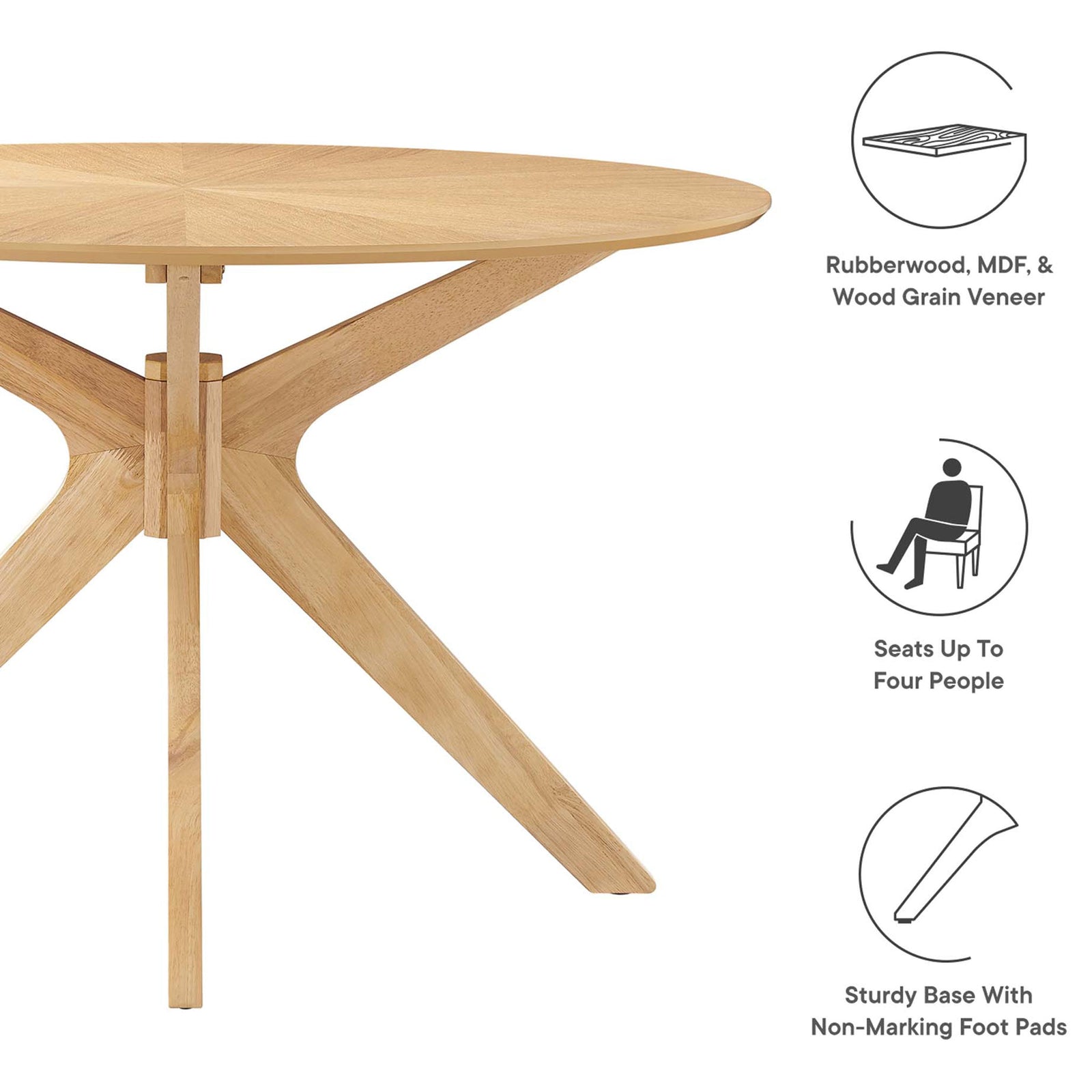 Round oak dining table showcasing icons for wood construction, seating capacity, and protective foot pads || EEI-3847-OAK || callout_studio