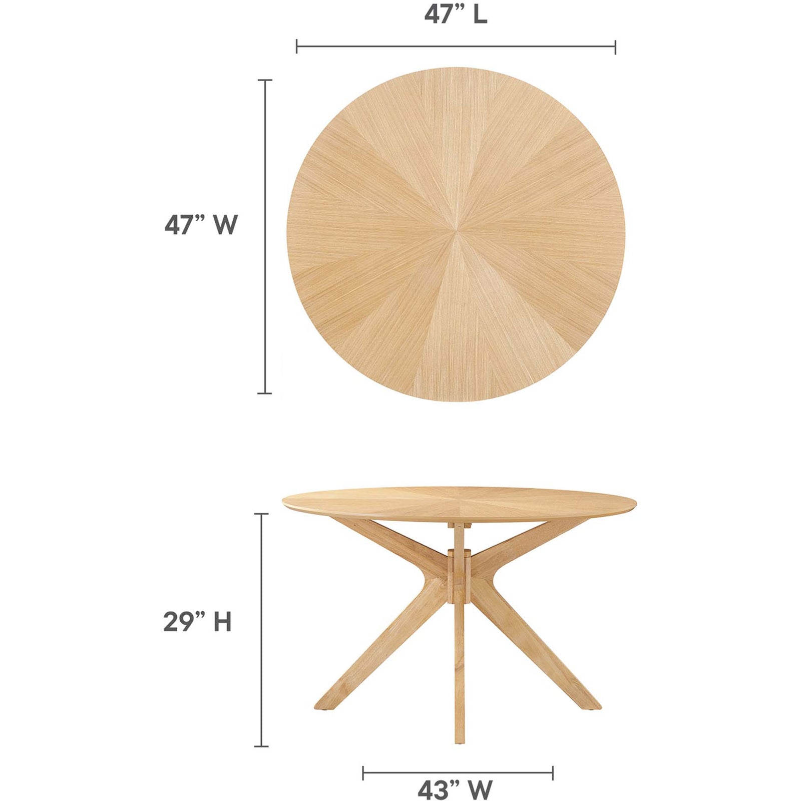 Round oak dining table with measurements highlighting 47 inch top, 29 inch height, and 43 inch base width || EEI-3847-OAK || dimension_studio